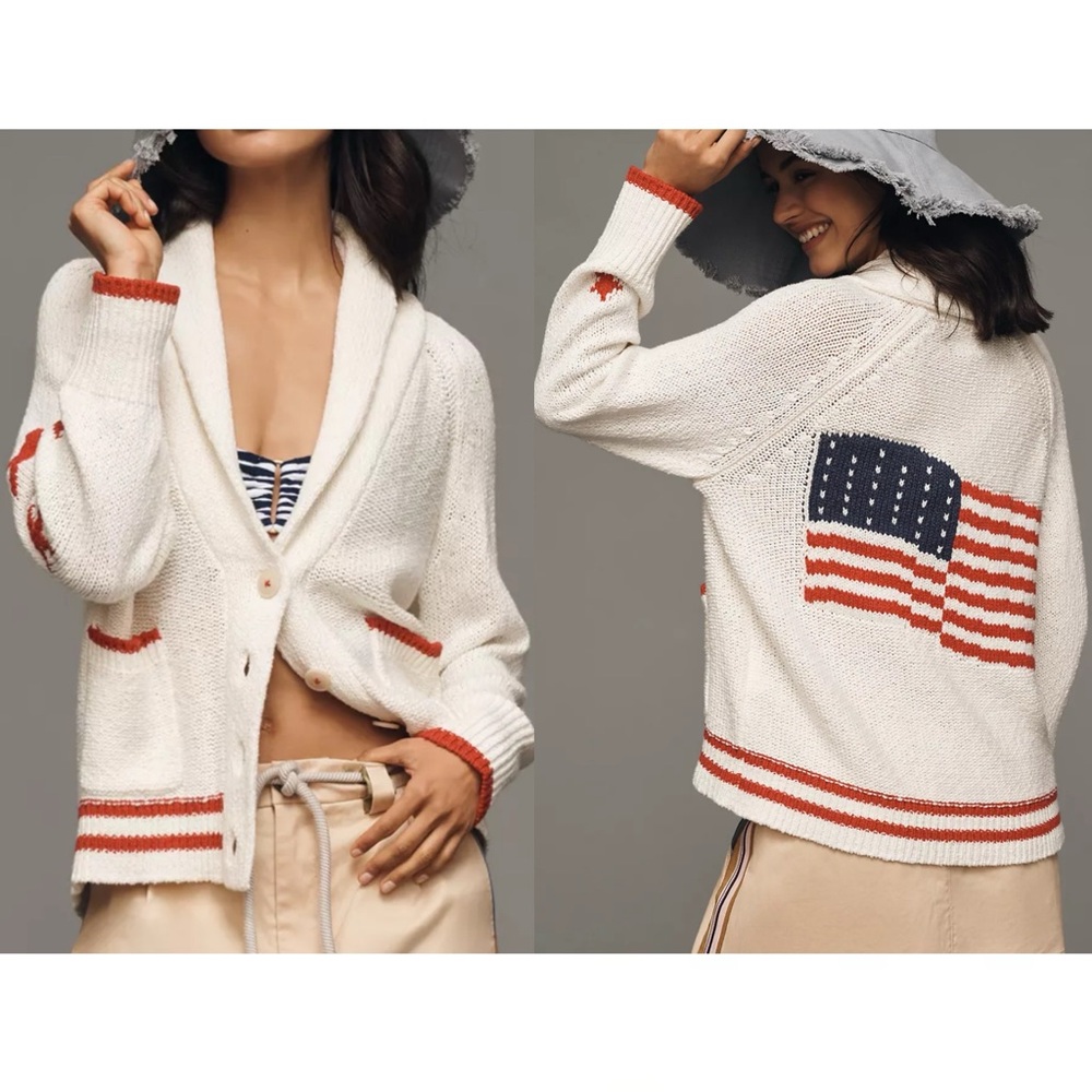 Anthropologie Maeve Shawl Collar American Flag Cardigan Sweater